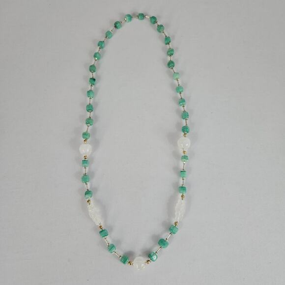 Glass Beaded Necklace with Square Sea Green Beads & White Glass Cut Beads - Picture 2 of 11